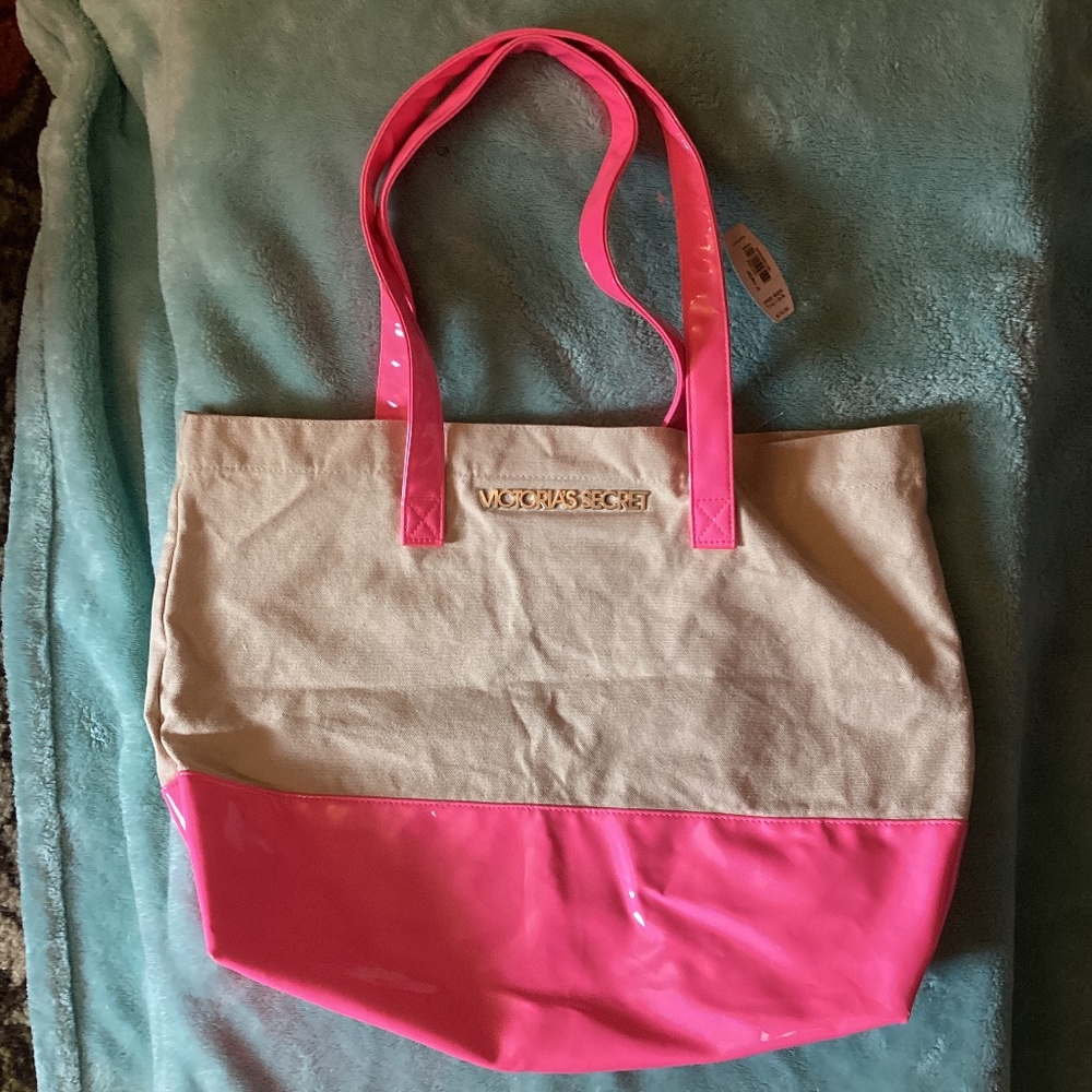 NEW VICTORIAS SECRET canvas beach tote bag neon vinyl pink